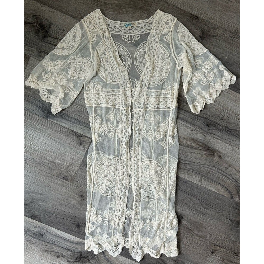 White Ivory Lace Boho Bridal Coverup Kimono Caftan Robe Romantic Women’s Sz S